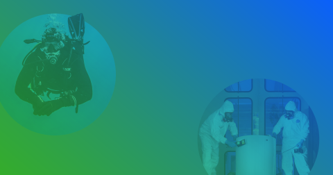 Images of nuclear workers against a blue and green background