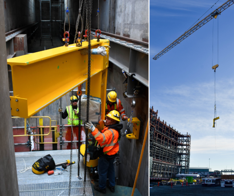 Two photos of a crane being operated, on the left is an upclose shot of the workers using the crane and the right shows the full crane