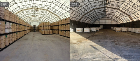 A before and after side by side picture of a storage facility building