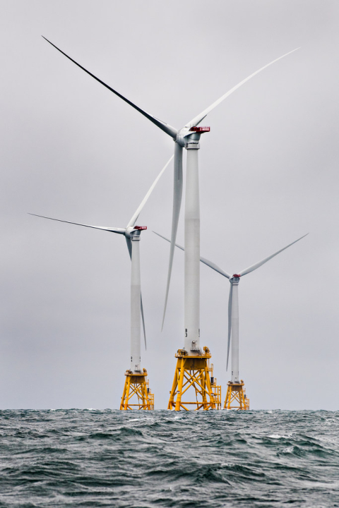 Heavy seas engulf the Block Island Wind Farm—the first U.S. offshore wind farm. A project of Deepwater Wind, the 30-MW wind farm located 3.8 miles (6.1 km) from Block Island, Rhode Island in the Atlantic Ocean, came online in December 2016.
