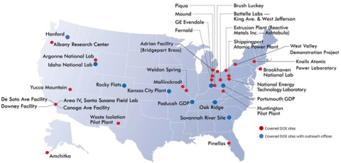 Map showing that BTMed covers former construction workers from 35 Department of Energy sites across the country and maintains nine outreach offices.