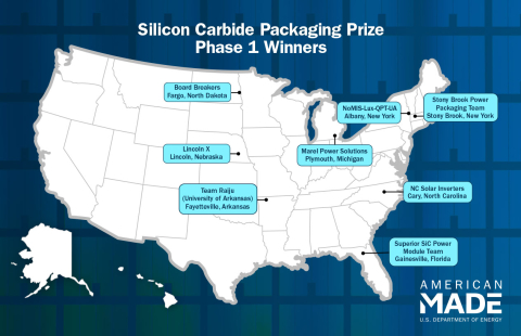 A map of the United States with labels in blue in states with Silicon Carbide prize winners.