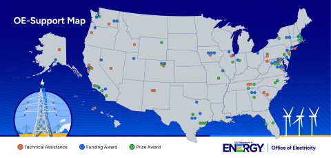 U.S. map with colored dots to denote places of Office of Electricity-funded projects. 