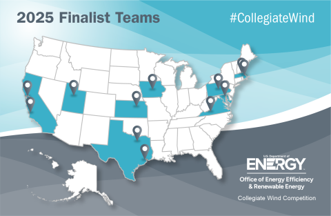 A map of the United States with pinpoints and some states highlighted, showing the locations of the 2025 finalist teams