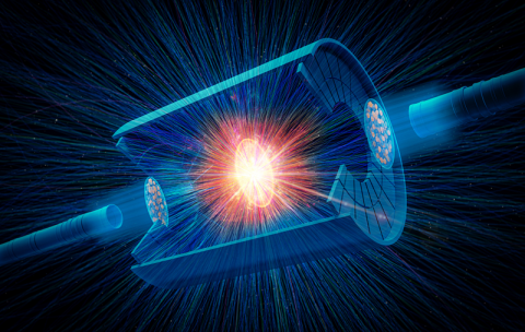 Drawing of real charged particle tracks from a collision of two uranium nuclei, shown exaggerated in size and flattened by the effects of traveling close to the speed of light, over a sketch of the STAR detector at the Relativistic Heavy Ion Collider.