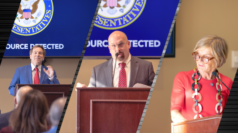 Collage of DOE leadership and Congress members speaking at a podium