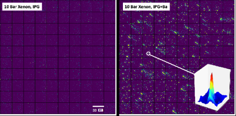Individual ions are identified via molecular fluorescence in a high-pressure xenon gas detector. Panels show the fluorescence intensity before (left) and after (right) barium is added. Individual ions (bright spots) indicate a double beta decay event.