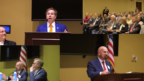 Collage of professionals speaking on a panel and at a podium