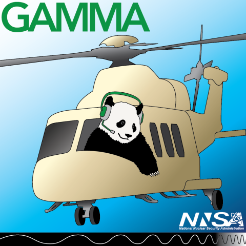 An illustration with the NNSA logo on the and the word GAMMA on the top. It depicts a panda piloting a helicopter. The bottom of the image shows gamma rays' place on the electromagnetic spectrum.