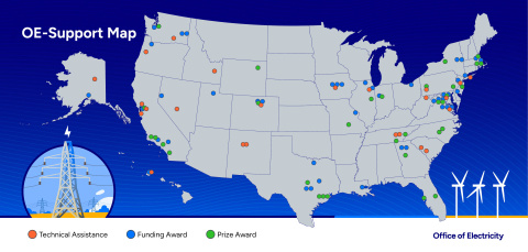U.S. map with colored dots to denote places of Office of Electricity-funded projects. 