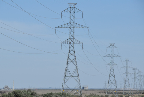A group of tall power lines