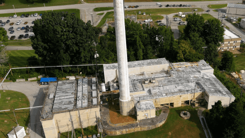 Rotating images of the demolition of a large reactor building