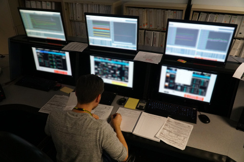 A control room at the Savannah River Site with six monitors