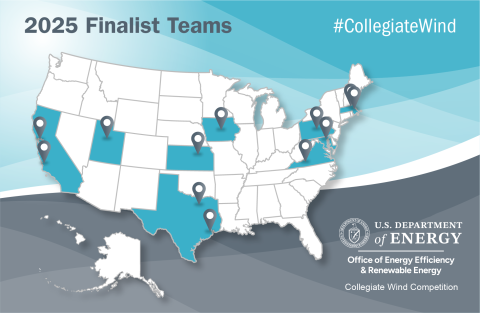 A map of the United States with pinpoints and some states highlighted, showing the locations of the 2025 finalist teams