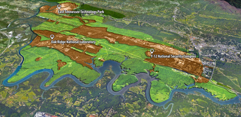 An aerial view of the Oak Ridge Reservation with text and details pointing out different areas