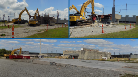Collage of images of a decommissioning at the Savannah River Site and the afterwards image at the bottom 