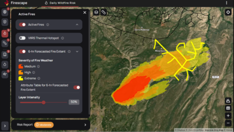 Topography of a mountainous region with red, orange, and yellow shading and a data filter to identify severity of wildfire risk