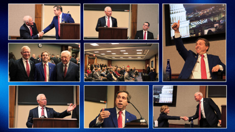 Collage of images of EM leadership and Congressional leaders at a caucus event