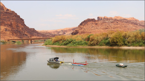 Two surveying boats on a river at the Moab Site