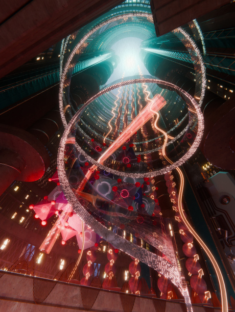 This is a representation of the spin-wave current detected by X-rays. A temperature gradient (blue and red) generates a spin wave current (orange arrows and wave traces) in the yttrium iron garnet sample. X-ray beams hit the sample and scatter back. 