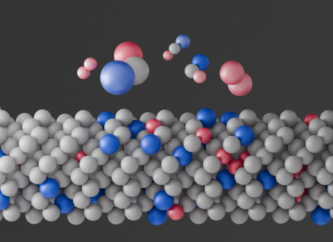 Germanium semiconductor (grey) with dilute silicon (Si) and tin (Sn) atoms (red and blue). Si and Sn do not spread out randomly. They often group together in Si-Ge-Sn sets, showing a short-range order that was previously predicted but not confirmed.