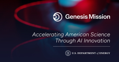 Dark colored background graphic with the DOE logo and DOE Genesis Mission logo