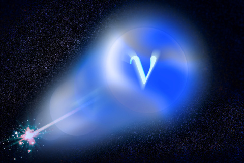 Artist impression of a trapped radioactive vapor decaying into a coherently-beamed stream of neutrinos (symbolized by v).