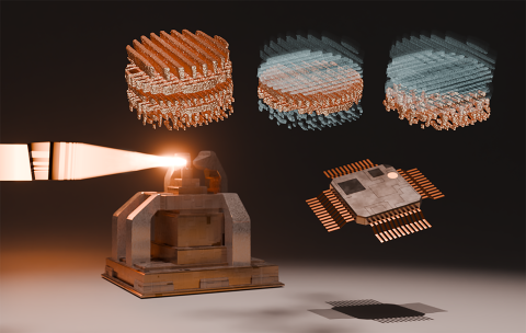 This illustration shows multilayer Laue lenses within the microscope focusing incoming X-rays on the microelectronics sample. It reveals the sample’s internal, nanoscale structure.