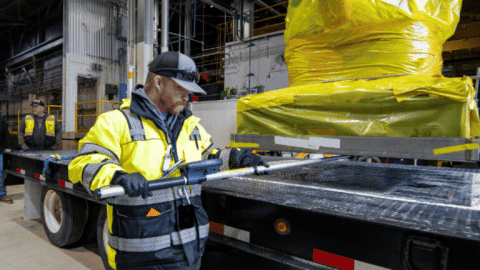 Rotating set of images of employees at the Idaho Site unloading and surveying a shipment