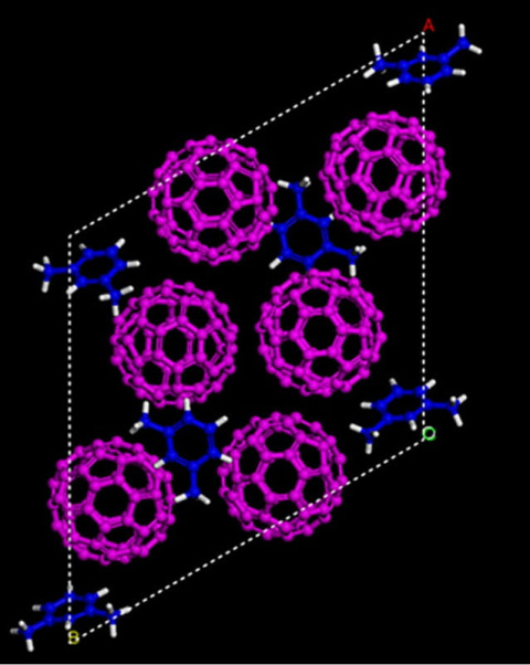 Simulated structures showing the starting material of carbon-60 "buckyballs" (magenta) and m-xylene solvent (blue) before being compressed.