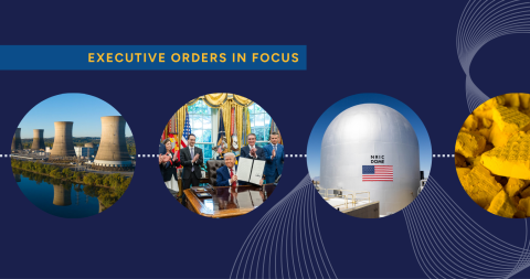 Pictures of President Trump, DOME microreactor test bed, Crane nuclear power plant, and uranium yellowcake against a blue background