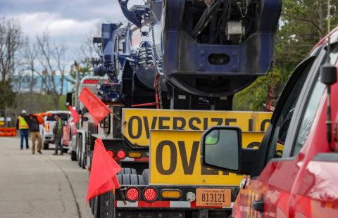 A trailer hauling an oversize load at the Portsmouth Site