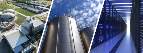 Composite image of a biogas plant, storage infrastructure, and a data center