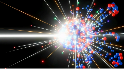 A proton strikes a target nucleus, initiating a nuclear reaction that results in the breakup of the nucleus and the emission of high-energy secondary particles.