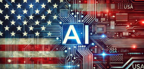 Red, white and blue image depicting AI in the center with a portion of the USA flag on the left and computer wiring on the right