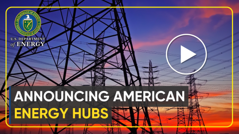 Screenshot of a YouTube thumbnail with power lines and towers with a sunset in the background and the DOE logo