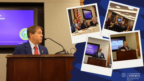 Collage of images of DOE leadership and Congress members speaking at an event in front of a podium