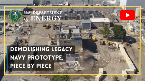 YouTube thumbnail with an aerial shot of a large demolished building with the DOE and Youtube logos's in the top two corners