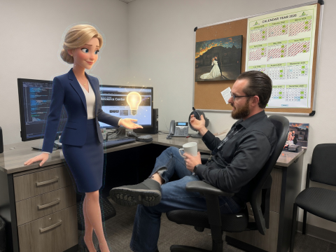 A man sitting in a chair looking at an AI created woman with a lightbulb hovering over her hand