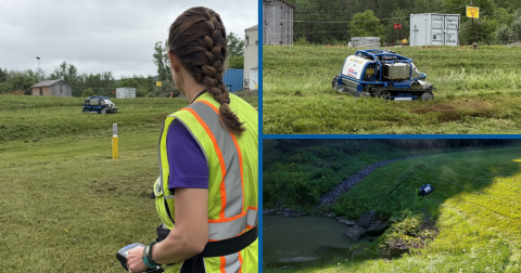A collage of photos of a remote controlled law mower in use on the grass at the West Valley Site