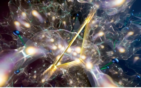 Lithium ions (glowing orbs) exhibit liquid-like mobility. This allows them to flow through a vibrating bottleneck (gold triangle) despite the electrolyte maintaining a solid-like state. 