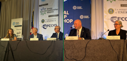 Two photos side by side of panelists sitting on stage at a conference participating in a discussion