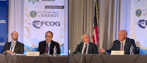 Two photos side by side of panelists sitting on stage at a conference participating in a discussion