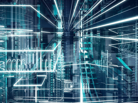 Abstract digital cityscape with glowing white and teal lines weaving through transparent geometric structures, representing interconnected technology and data networks.