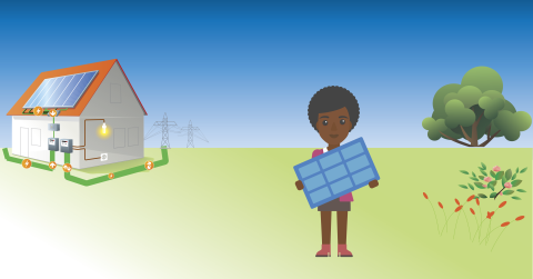 A picture of a house with solar panels and a woman holding a solar panel