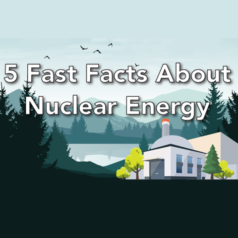 Photo of a nuclear power plant with text that reads five fast facts about nuclear energy.