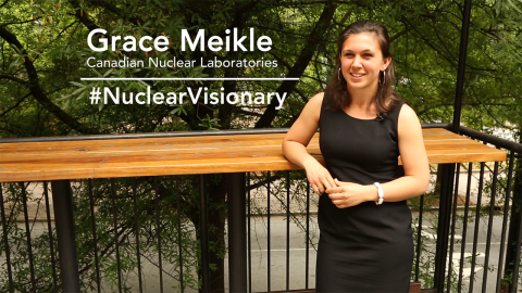 Woman on screen with text that says Grace Meikle Candian Nuclear Laboratories #Nuclear Visionary