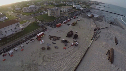 An aerial view of a beach torn apart by Hurricane Sandy