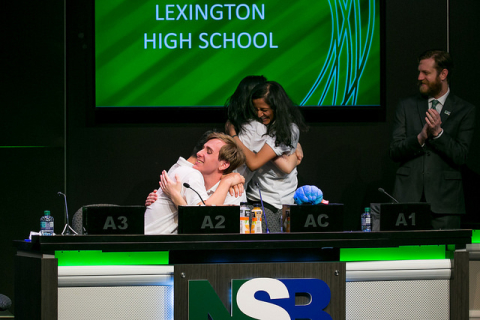 Lexington High School’s Snigdha Allaparthi, Ben Choi, Derik Kauffman and Anka Hu of Lexington, Mass., celebrate winning the final round of the high school competition at the 2018 National Science Bowl®.