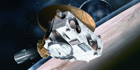 An image of the New Horizons spacecraft in outer space.